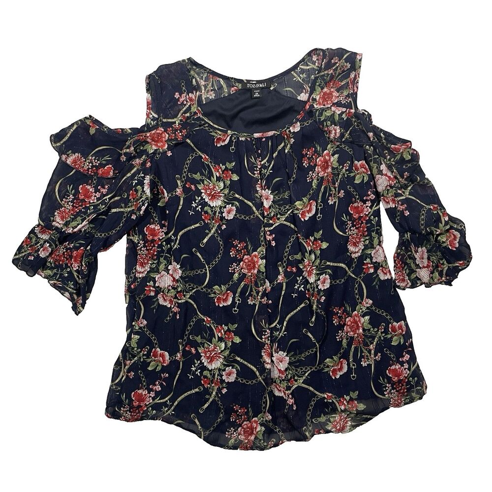 Roz and Ali 2X Plus Navy Floral Off Shoulder Blouse Whimsigoth Flowy Cold-Sleeve